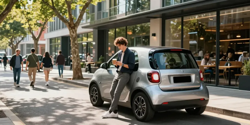 Noleggio lungo termine smart: auto Smart in un ambiente urbano con professionista che si rilassa al caffè