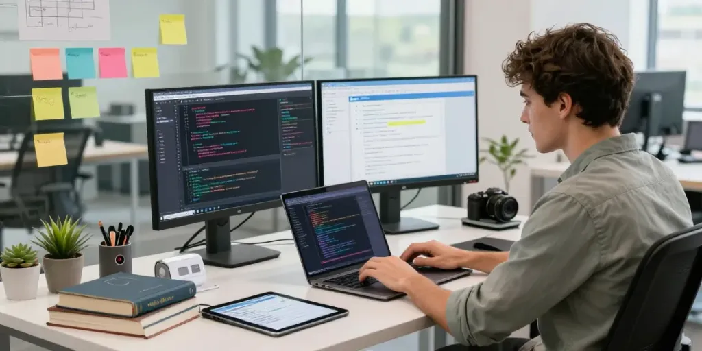 Developer using ggsoft software in a modern workspace with collaborative tools.