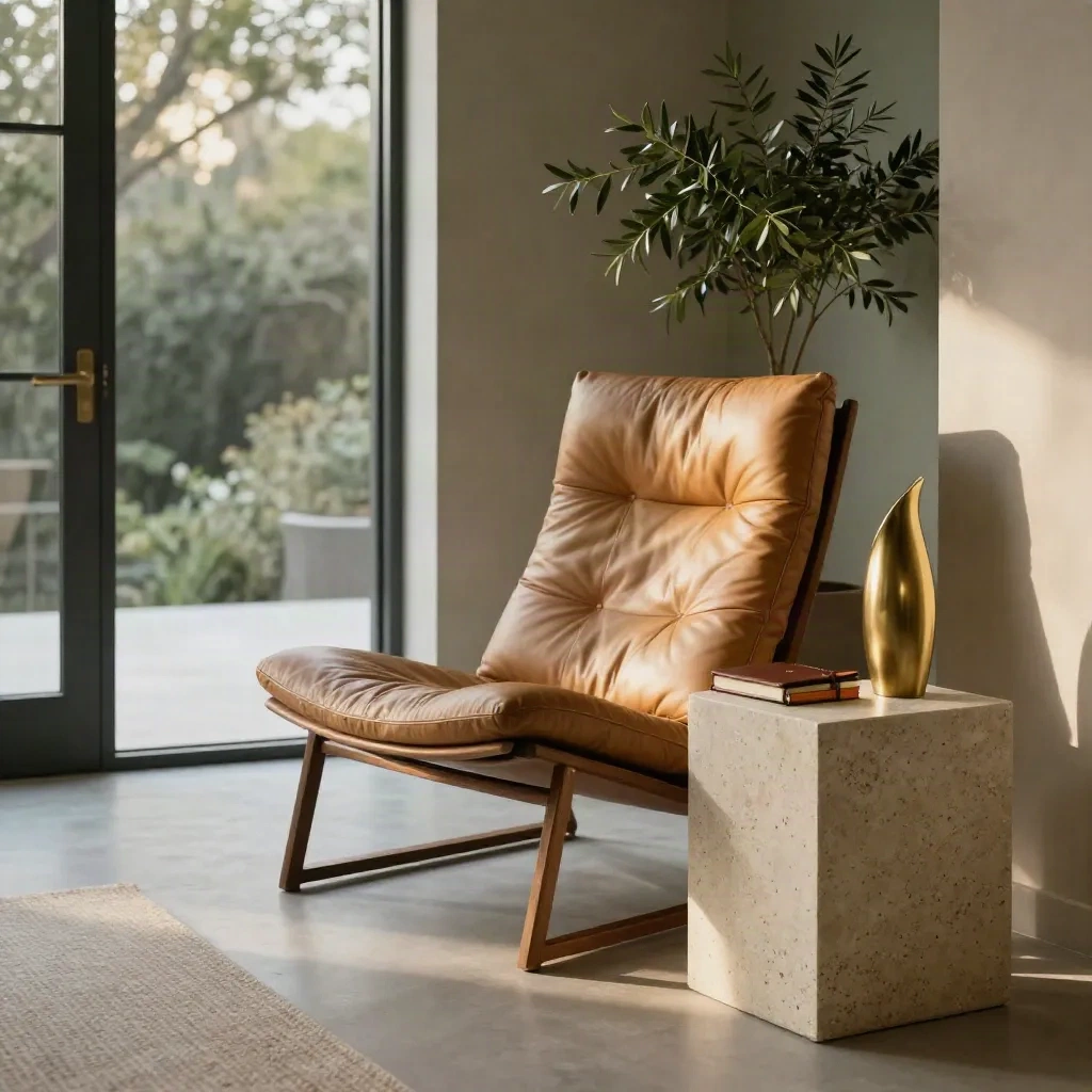 Angolo coaching in loft luminoso con poltrona in pelle, tavolino in pietra e pianta sobria.