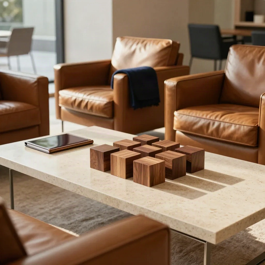 Lounge executive ordinato con poltrone in pelle, tavolino in travertino e coperta blu.
