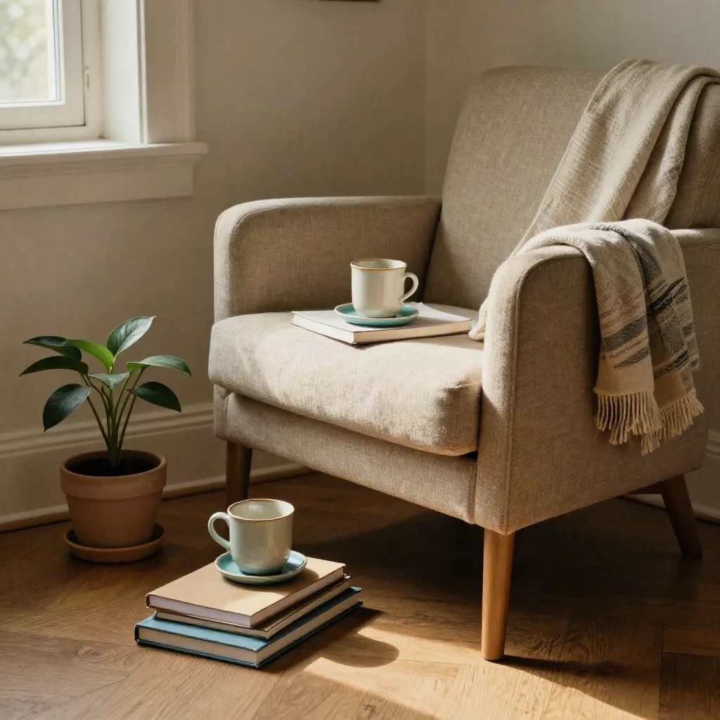 Angolo domestico accogliente con poltroncina, tazza, quaderni, pianta e plaid.