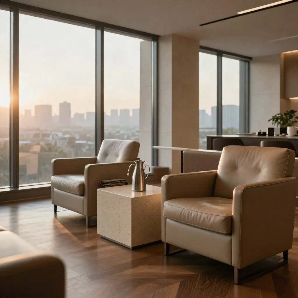 Sala executive vuota all’alba con sedute ordinate e vista sfumata sulla città