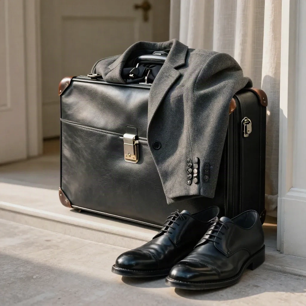 Valigia compatta, borsa professionale, scarpe lucide e giacca piegata in un ingresso luminoso.