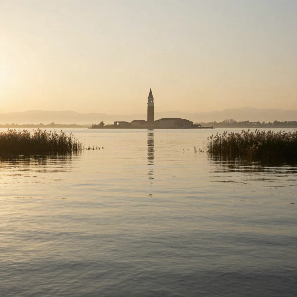 Laguna veneta al tramonto con campanile alto e acqua bassa riflettente.