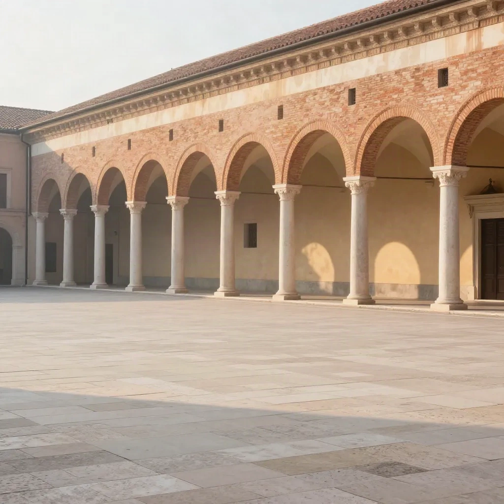 Portici e palazzi in mattoni dell’Emilia-Romagna sopra una piazza chiara e calma per il testo.